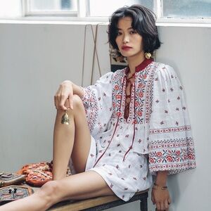 Women's Blouse Floral Embroidered Rustic Cream Long Sleeve Top Shirt Holiday